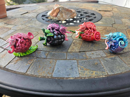 Berry Chameleons-polymer clay sculptures-Raspberry, Blackberry, Strawberry, Blueberry