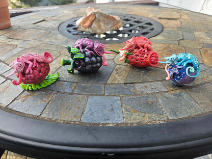 Berry Chameleons-polymer clay sculptures-Raspberry, Blackberry, Strawberry, Blueberry