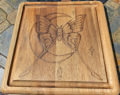 Luna moth and crystal wood burned-cutting board