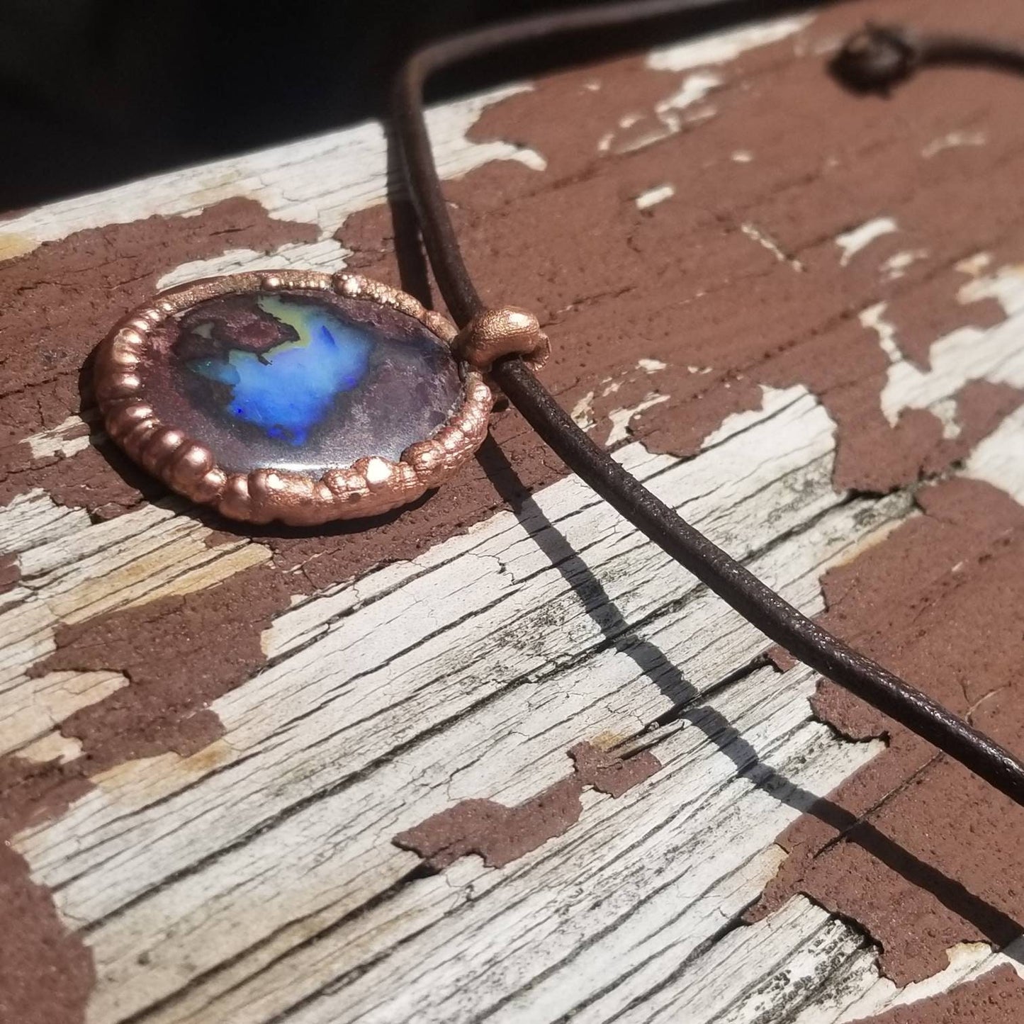 Opal choker necklace,adjustable leather cord