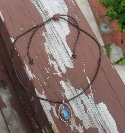 Opal choker necklace,adjustable leather cord