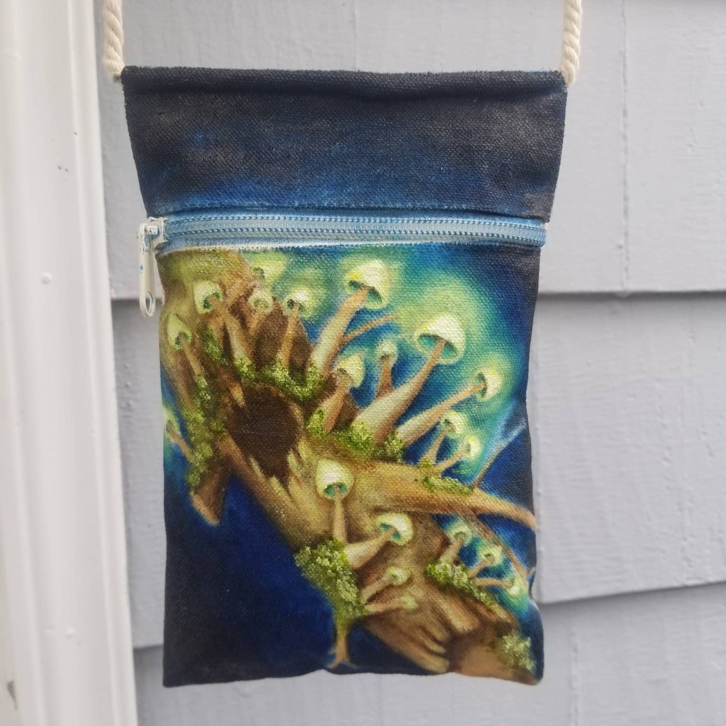 Mushroom purse, hippie style handmade oil painted wearable art bag