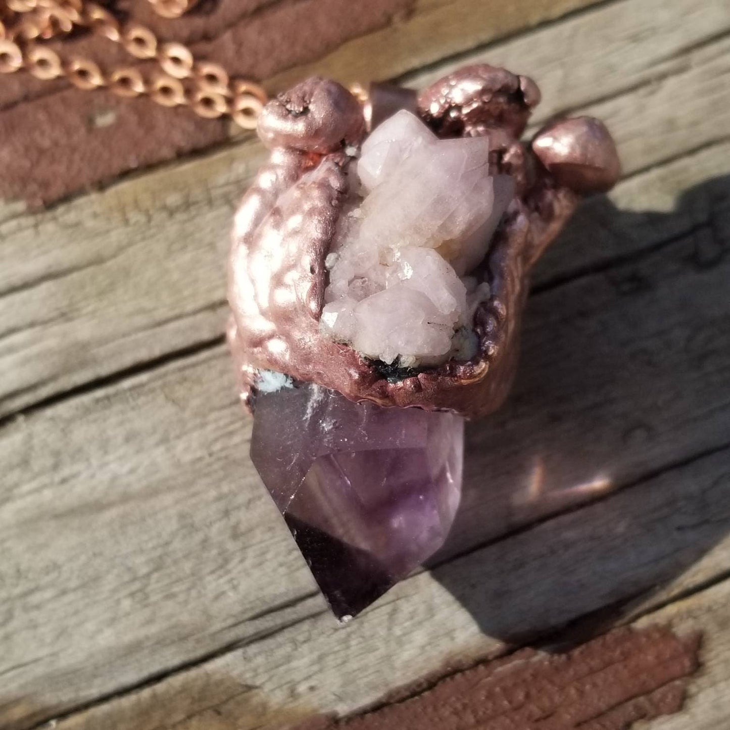 Amethyst Crystal Necklace, trippy copper mushroom design