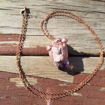 Amethyst Crystal Necklace, trippy copper mushroom design