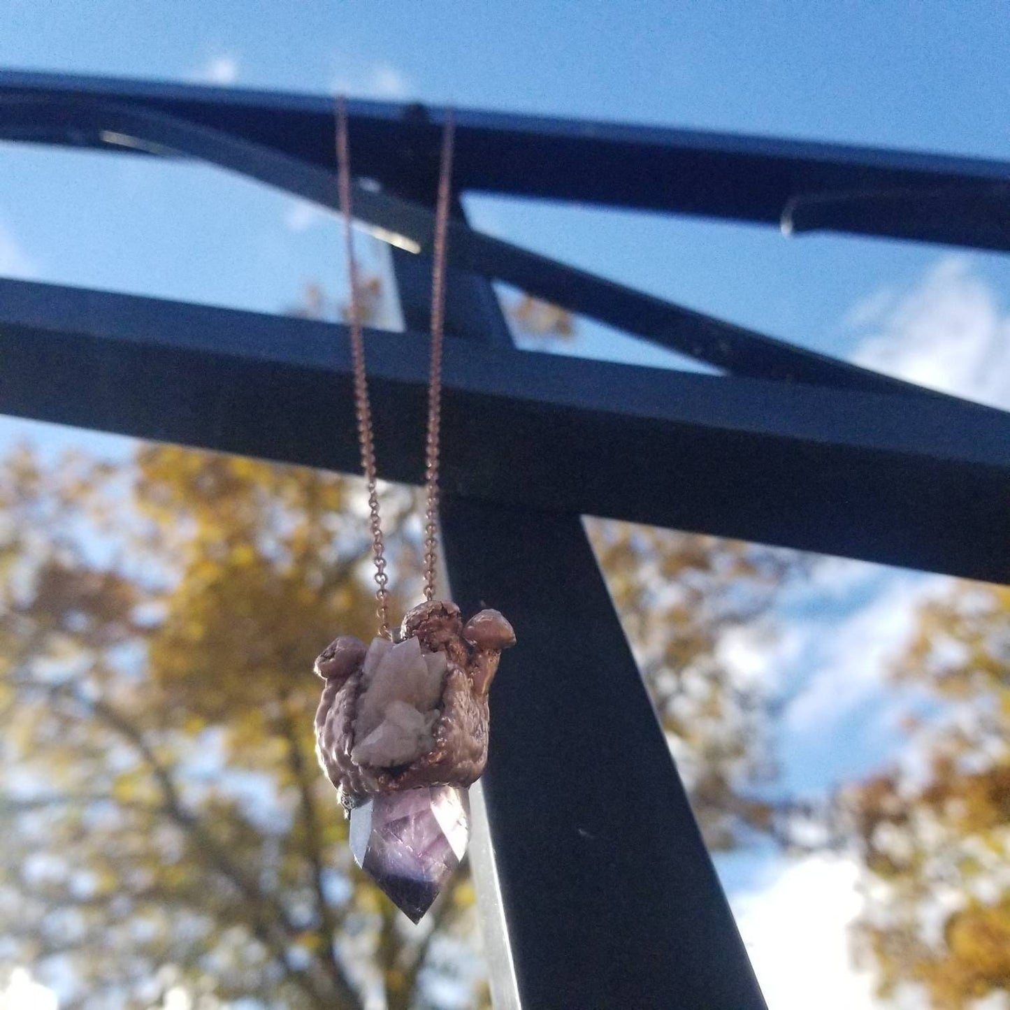 Amethyst Crystal Necklace, trippy copper mushroom design