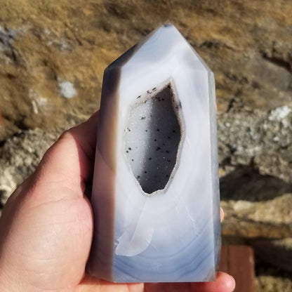 Druzy agate tower - dendritic quartz - light blue stone - polished