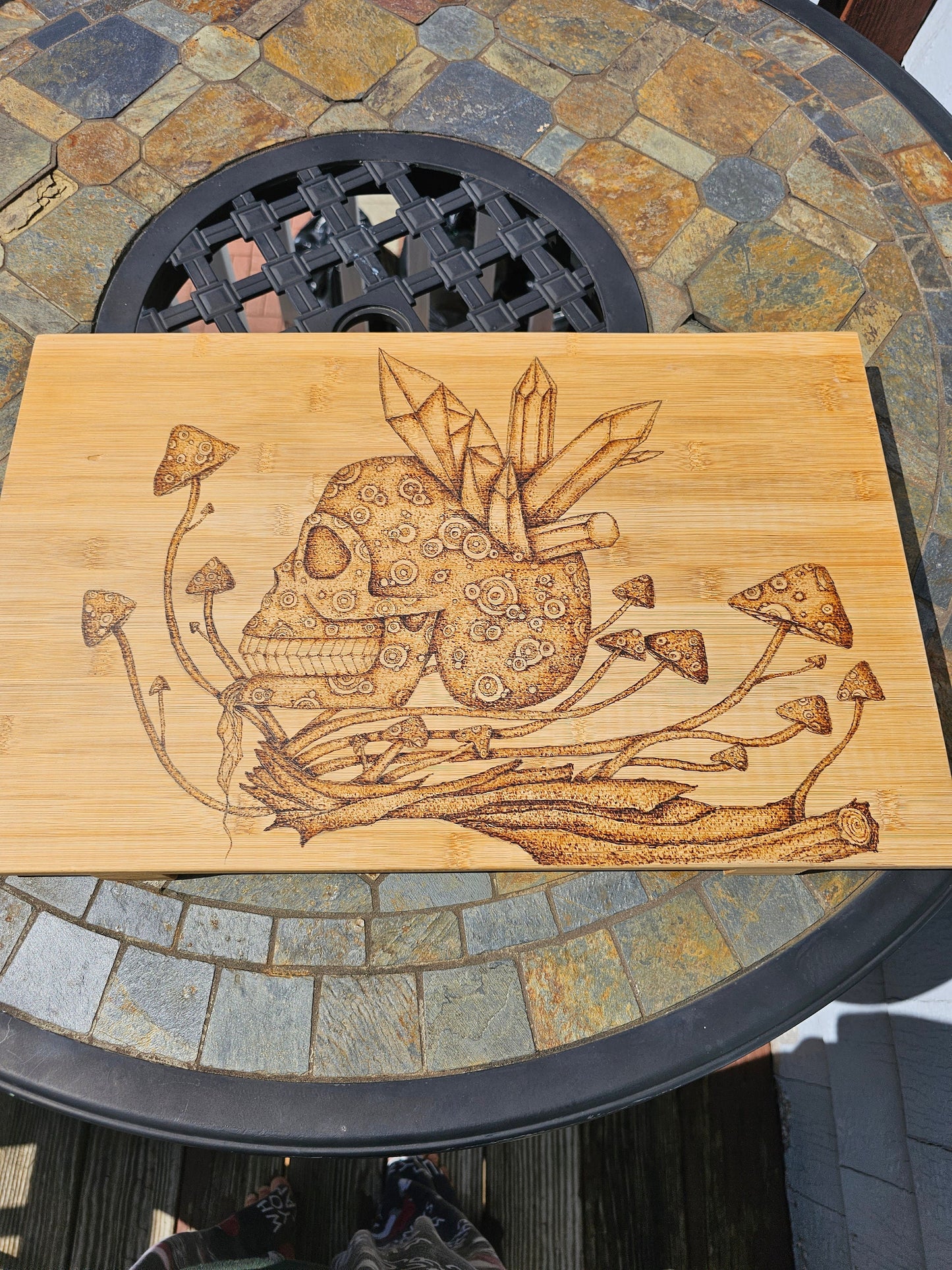 Crystal skull and mushroom wood burned breakfast table-cutting board