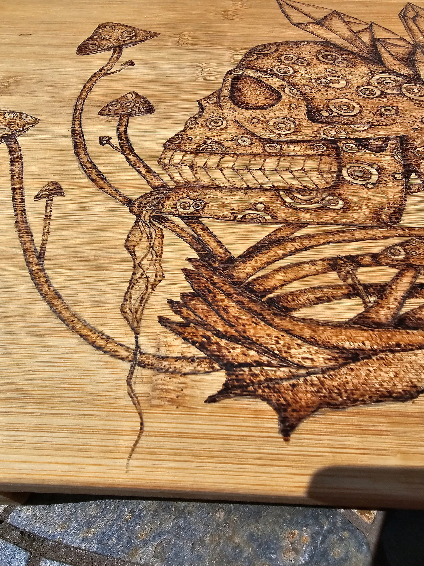 Crystal skull and mushroom wood burned breakfast table-cutting board