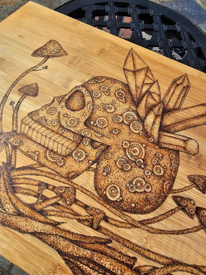 Crystal skull and mushroom wood burned breakfast table-cutting board