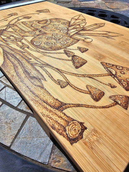 Crystal skull and mushroom wood burned breakfast table-cutting board