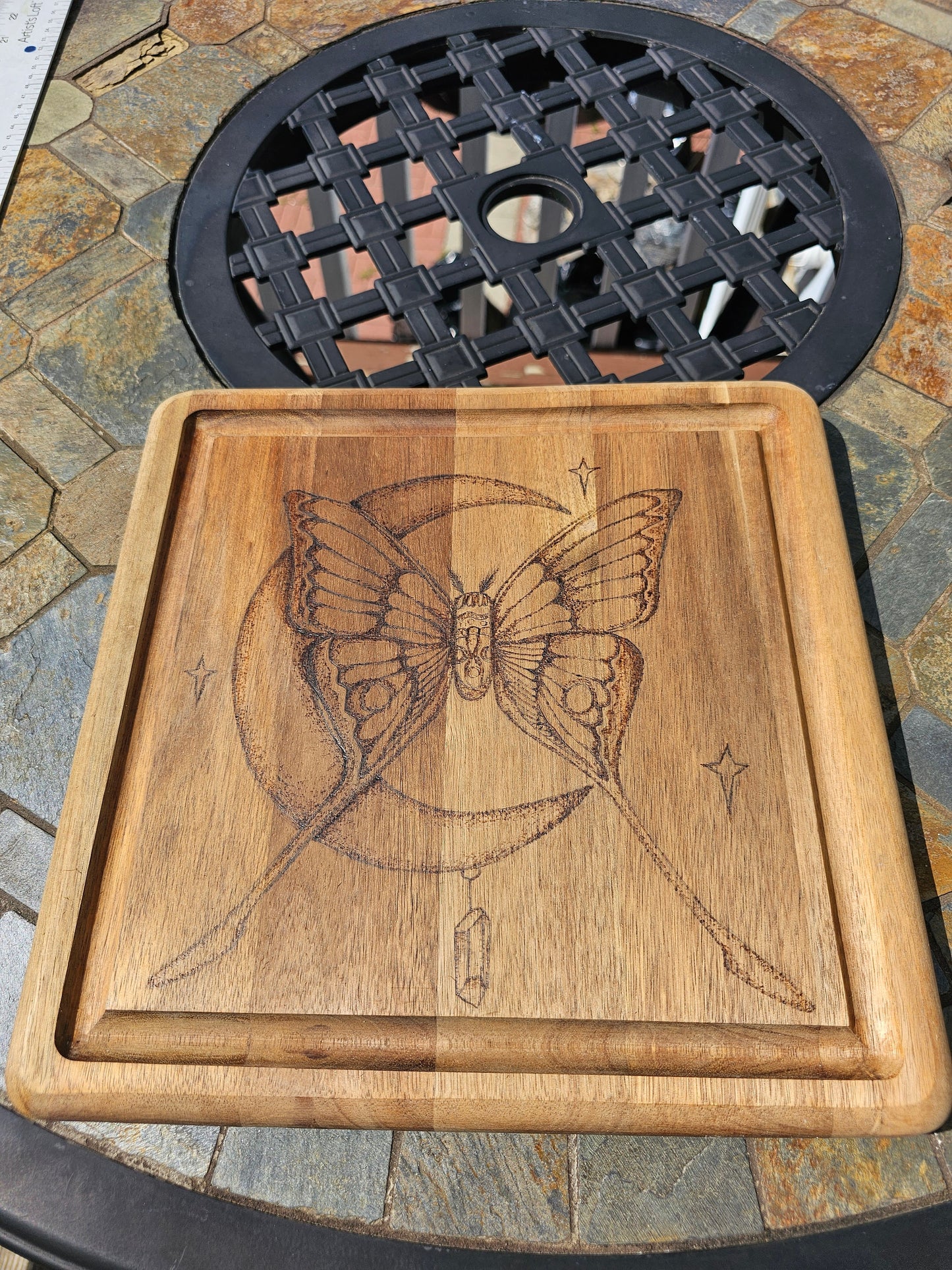 Luna moth and crystal wood burned-cutting board