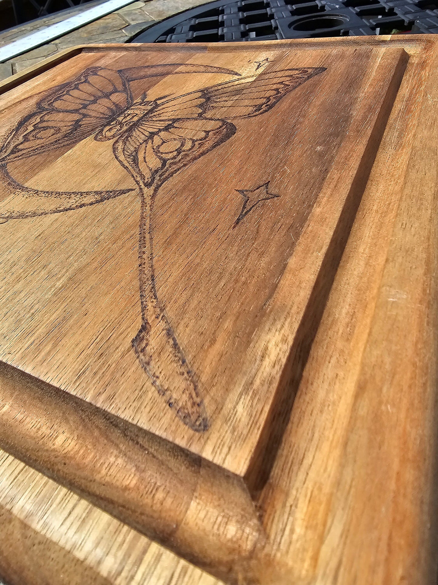 Luna moth and crystal wood burned-cutting board