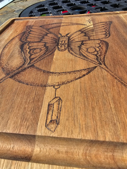 Luna moth and crystal wood burned-cutting board