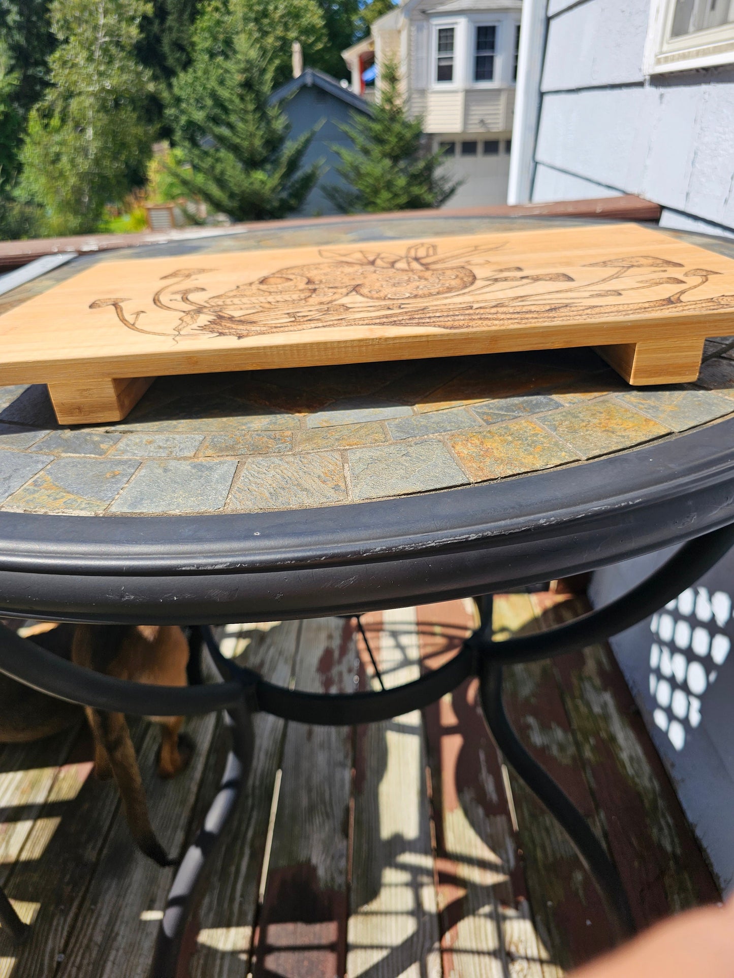 Crystal skull and mushroom wood burned breakfast table-cutting board