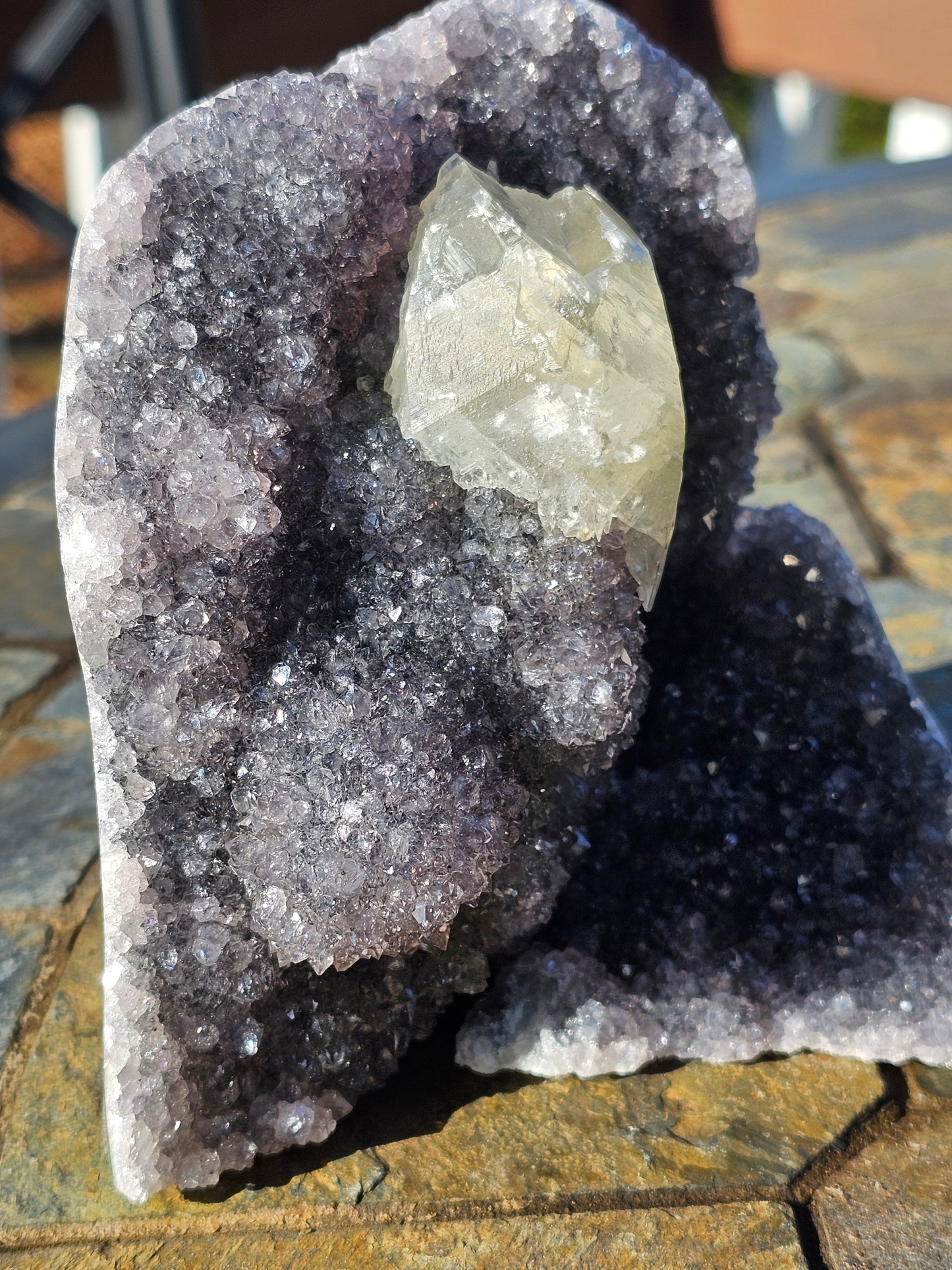 Calcite on violet Brazilian amethyst