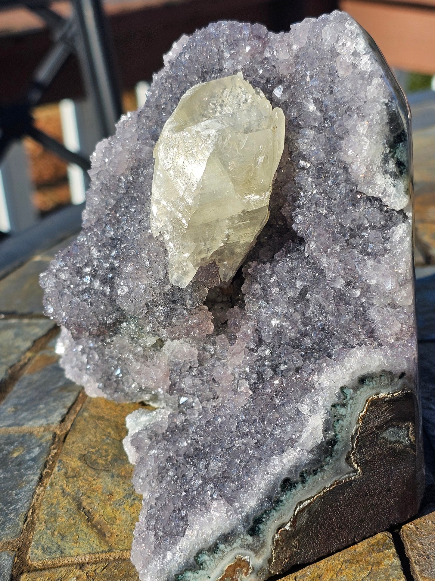 Calcite on violet Brazilian amethyst